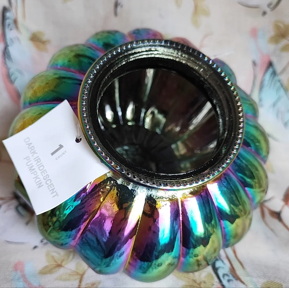 Iridescent Pumpkin Oil Slick Glass Desk Decoration Holiday Fall Halloween NWT